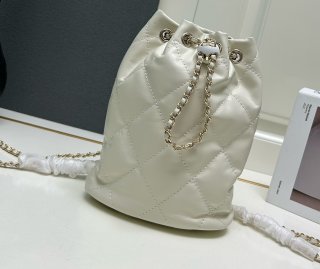 Chanel 2024 Gold Coin Drawstring Bucket Bag S1004 white color