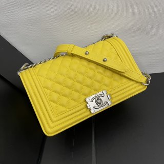 chanel cowhide leather flat shoulder bag 67086 vibrant yellow shiny silver buckle