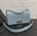 chanel cowhide leather flat shoulder bag 67086 azure blue shiny silver buckle