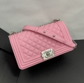 chanel cowhide leather flat shoulder bag 67086 pale pink shiny silver buckle