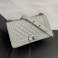 CHANEL antique silver buckle small lattice caviar ball pattern flap bag 67086 silver-gray