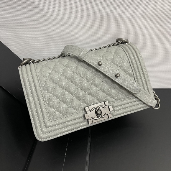 CHANEL antique silver buckle small lattice caviar ball pattern flap bag 67086 silver-gray