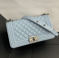 CHANEL antique silver buckle small lattice caviar ball pattern flap bag 67086 azure