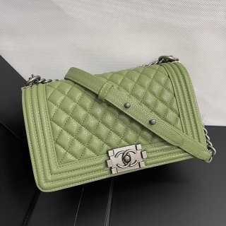 CHANEL antique silver buckle small lattice caviar ball pattern flap bag 67086 pale green