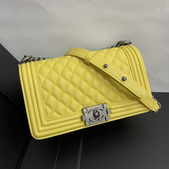 CHANEL antique silver buckle small lattice caviar ball pattern flap bag 67086 vibrant yellow