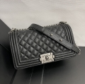 CHANEL antique silver buckle small lattice caviar ball pattern flap bag 67086 grizzly