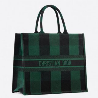 Dior Book Tote Bag In Green/Black Check Embroidered Canvas