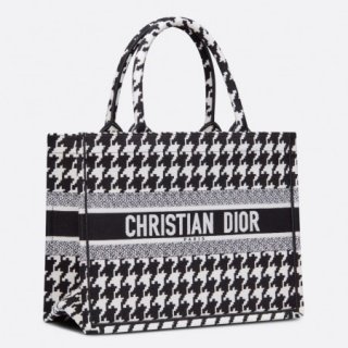 Dior Small Book Tote In Black Houndstooth Embroidery