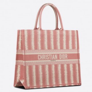 Dior Book Tote Bag In Pink D-Stripes Embroidery