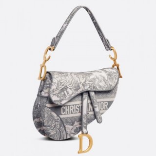 Dior Saddle Bag In Grey Toile de Jouy Embroidery