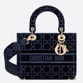 Dior Medium Lady D-Lite Bag In Blue Embroidered Velvet