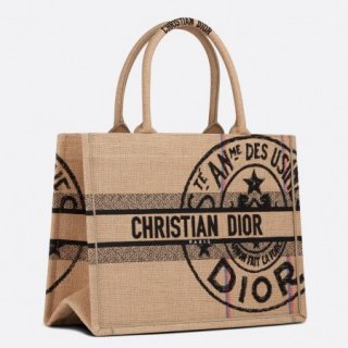 Dior Medium Book Tote Bag In Beige Jute Canvas with Dior Union Motif