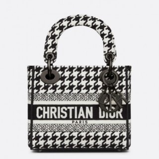 Dior Mini Lady D-Lite Bag In Black and White Houndstooth Embroidery