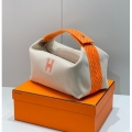 Hermes Bride-a-Brac Large Case in Ecru Canvas with Brown Zigzag Motifs