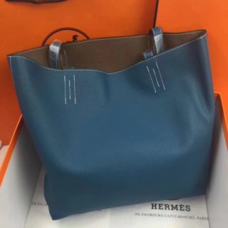 Hermes Double Sens 45cm Tote In Blue/Etoupe Leather