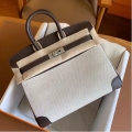 Hermes Birkin 25 Handmade Bag In Toile & Chocolat Swift Leather