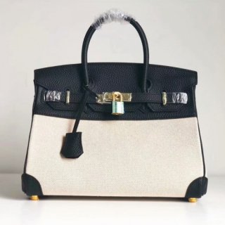 Hermes Canvas Birkin 30cm 35cm Bag With Black Clemence Leather