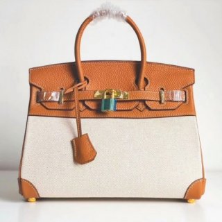 Hermes Canvas Birkin 30cm 35cm Bag With Brown Clemence Leather