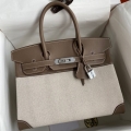 Hermes Birkin 30CM Handmade Bag In Toile & Black Swift Leather