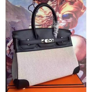 Hermes Canvas Birkin 30cm 35cm Bag With Black Leather