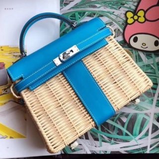 Hermes Blue Picnic Kelly Mini 20cm Wicker Bag