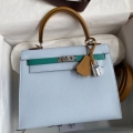 Hermes Kelly Sellier 25 Tricolor Bag in Blue/Green/Sesame Epsom Calfskin