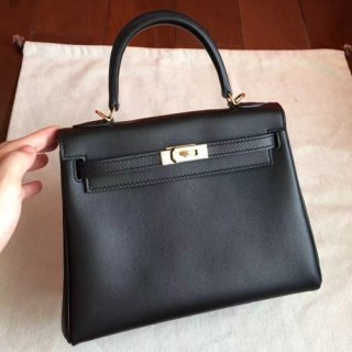 Hermes Black Swift Kelly 25cm Retourne Handmade Bag