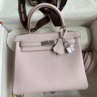 Hermes Kelly Retourne 25 Handmade Bag In Mauve Pale Swift Calfskin