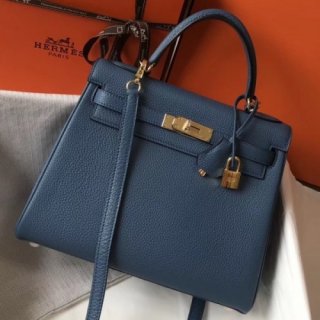 Hermes Blue Agate Clemence Kelly Retourne 28cm Handmade Bag