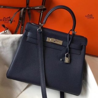 Hermes Kelly 32cm Bag In Dark Blue Clemence Leather PHW