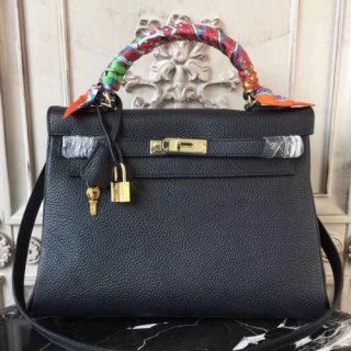 Hermes Black Clemence Kelly 32cm Retourne Bag