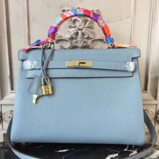 Hermes Blue Lin Clemence Kelly 32cm Retourne Bag