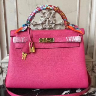 Hermes Rose Red Clemence Kelly 32cm Retourne Bag