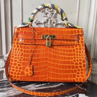 Hermes Kelly 32cm Bag In Orange Crocodile Leather