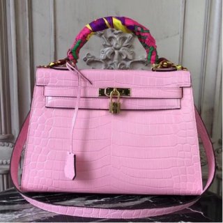 Hermes Kelly 32cm Bag In Pink Crocodile Leather