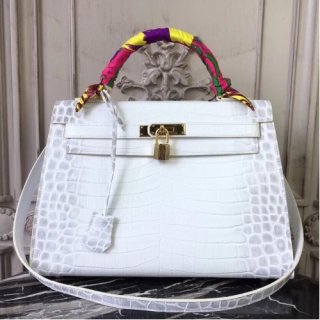 Hermes Kelly 32cm Bag In White Crocodile Leather