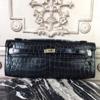 Hermes Black Crocodile Kelly Cut Clutch Bag