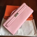 Hermes Rose Dragee Swift Kelly Cut Clutch Handmade Bag