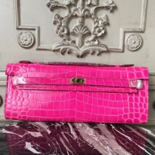 Hermes Rose Red Crocodile Kelly Cut Clutch Bag