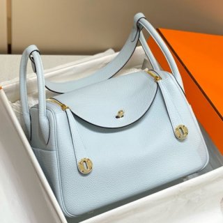 Hermes Lindy 30cm Bag In Blue Brume Clemence Leather