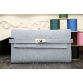 Hermes Kelly Longue Wallet In Blue Lin Clemence Leather