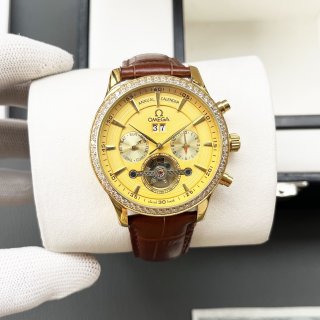 Replica OMEGA Women's Watches 1114 Reddish brown strap and gold frame-gold disk