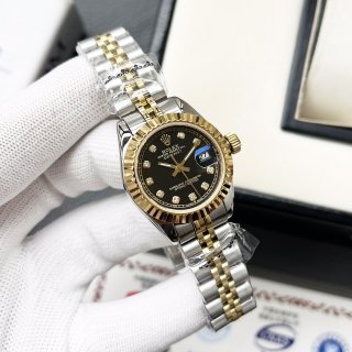 Replica Rolex Watches 1219 Silver-Gold Strap with Gold Frame-Black Dial